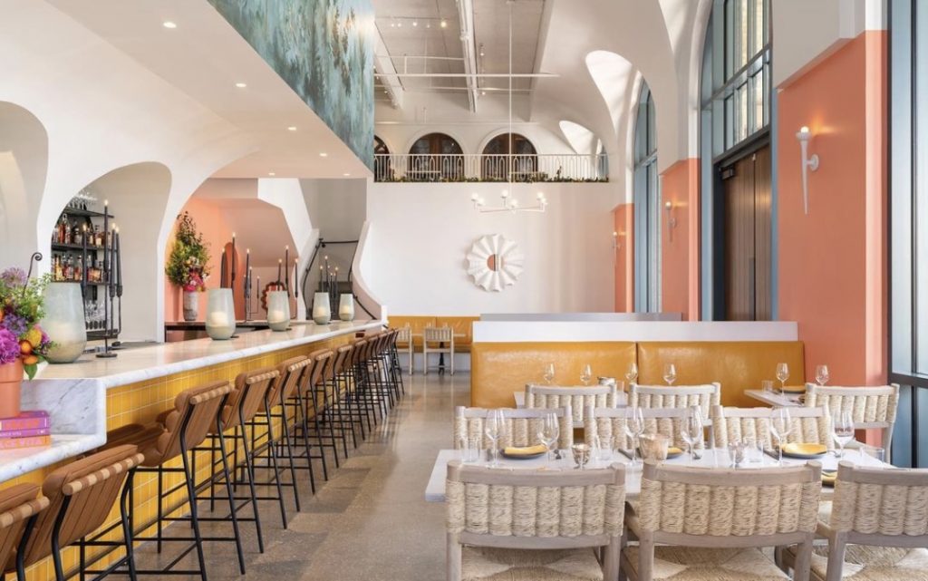 The 480 sq. ft. mural above the bar was created for Allora, an Amalfi coast themed restaurant in the Pearl District in San Antonio, Texas. It was inspired by the Villa of Livia fresco found in Pompeii. The restaurant was designed by Joel Mozersky. Photo by Ryann Ford.