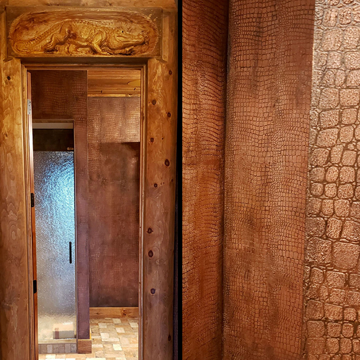 This 'Croc" bath and entrance hallway was completed in a 20,000 sq ft private hunting lodge where I created 17 finishes for 20 rooms.  Each bedroom and bath was named for an animal with hand carved headers on each door. Design was embossed thru stencils with a textured plaster, glazed & highlighted with metallics.