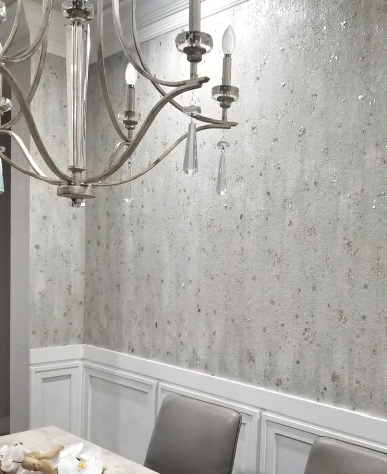 Designer wall finish in mother of pearl mica flakes with large and small glass beads by Golden Paintworks.