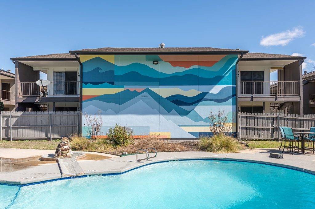 A custom designed abstract landscape mural we created for a lovely
apartment community in Killeen, TX.
