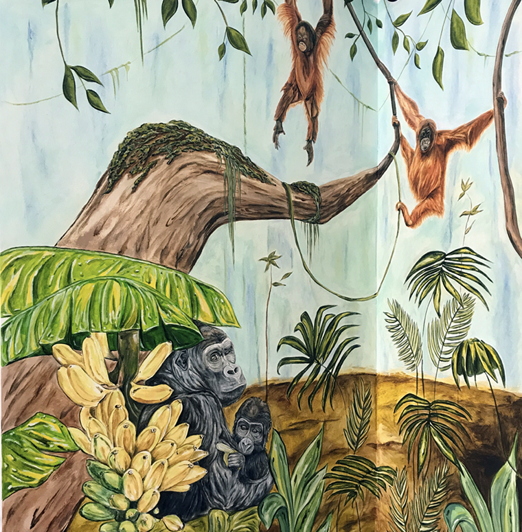 Part of a 4-wall interior residential mural for a jungle-themed children's playroom in Dubai, UAE featuring a mama and baby gorilla and two playful orangutans.