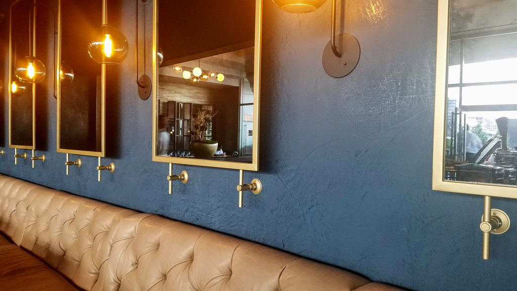 This feature wall in the Cinderhouse Restaurant at Four Seasons St. Louis, was designed to create a luxurious and cozy banquet area. Golden products expertly tinted in Chicago, IL created this exquisite leather look on the walls.